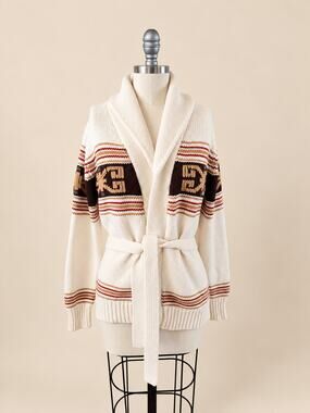 Vintage 1970s Sigallo Cardigan Sweater S Cream Geometric Belted Shawl Collar